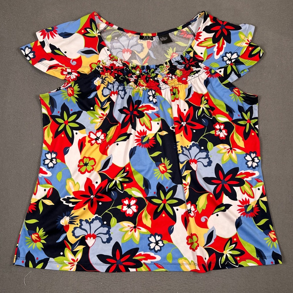 RQT Woman Top Womens 1X Multi Color Floral Smocked Flutter Sleeve Blouse